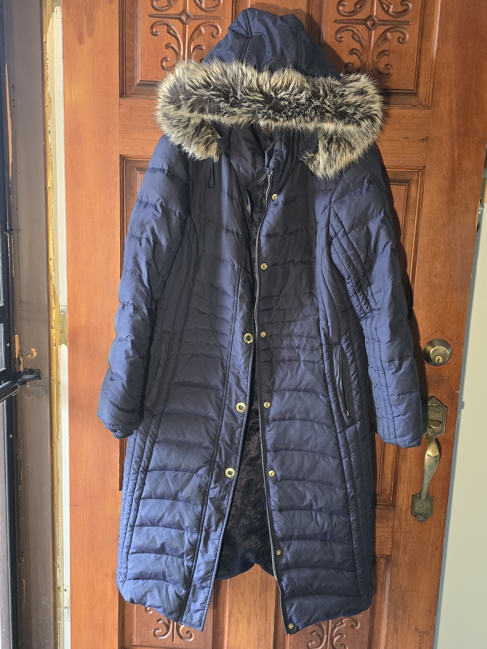 Anne Klein Navy Long Quilted Hooded Puffer Coat with Faux-Fur Trim